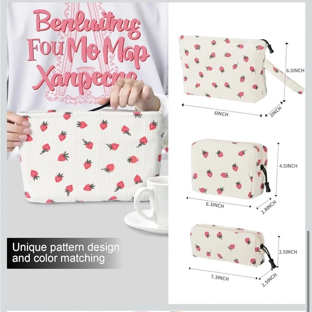 Strawberry Corduroy 3 piece Cosmetic Bags